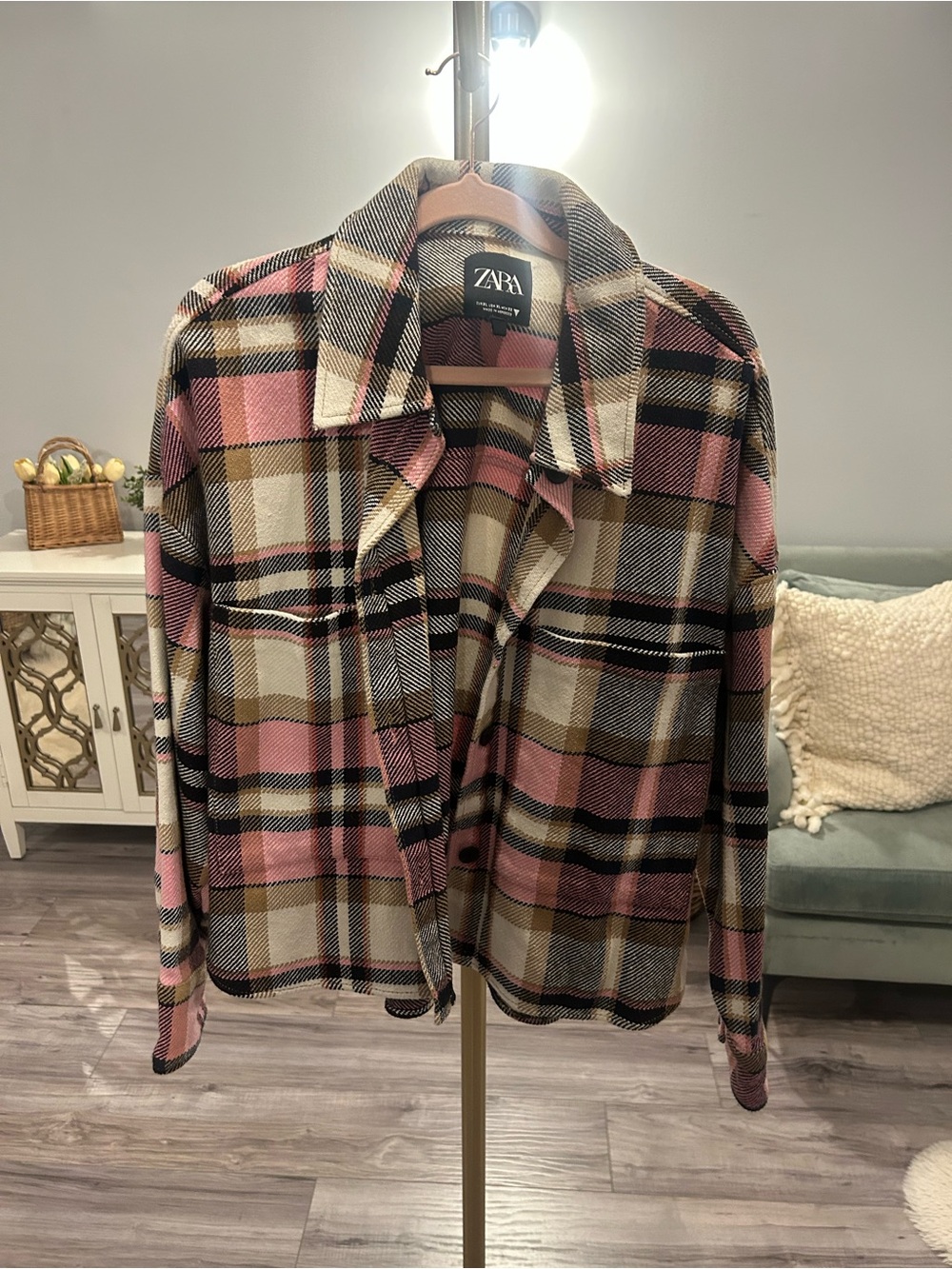 Zara Pink Beige and Black Plaid Shirt Jacket